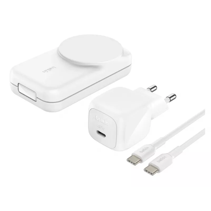 Cargador de interior Belkin UltraCharge 25W Qi2 Cargador magnético 3 en 1 UE Blanco Cuadrado