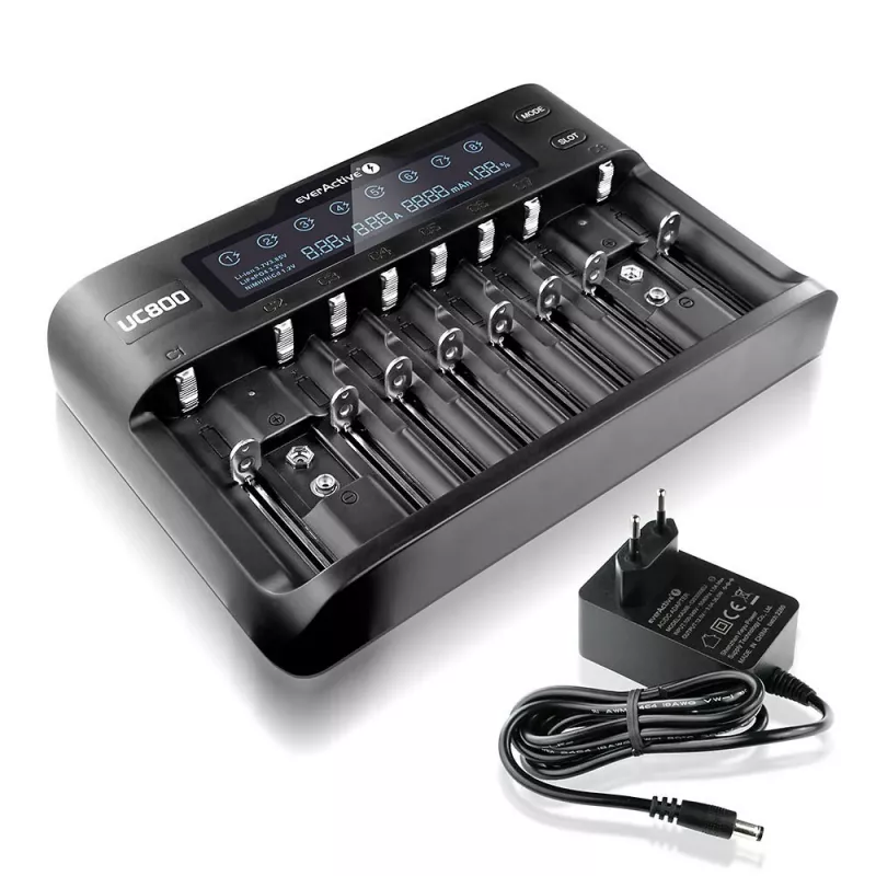 Cargador de baterías everActive UC-800 AC 12V 3A — para LiFePO4/LiPo/NiMH, compatible con AA/AAA/9V, hasta 10 baterías, entrada 12 V, pantalla integrada, negro
