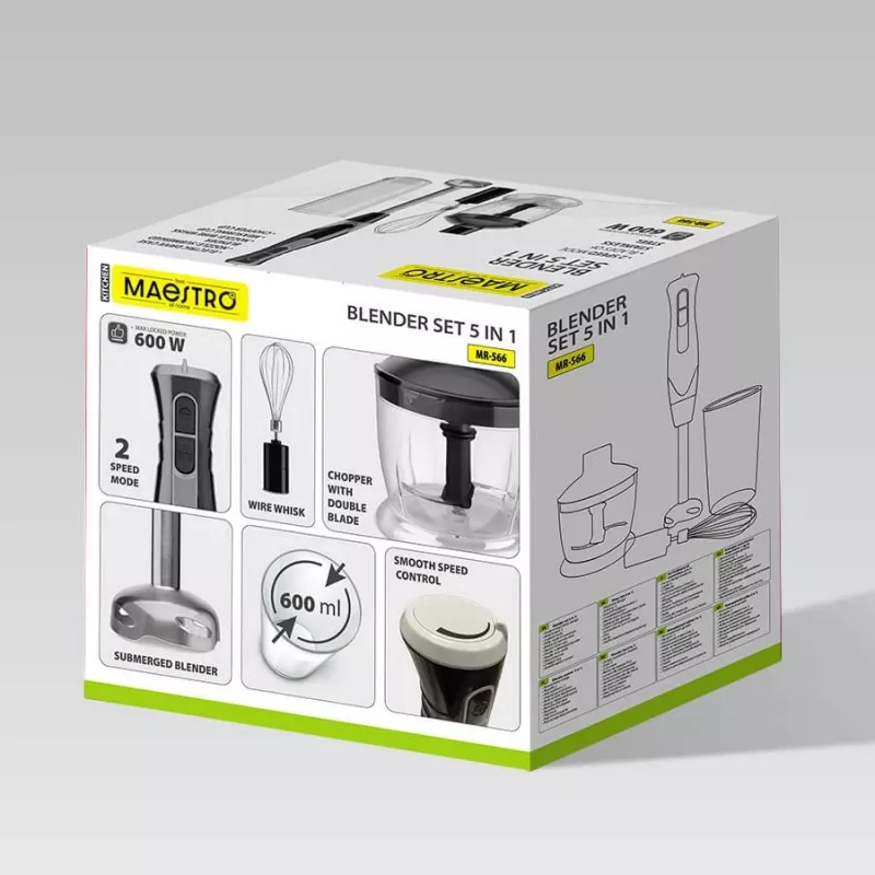 Batidora de brazo Maestro MR-566, 500 W, 2 velocidades, turbo, varillas, picadora 600 ml, tarro de almacenamiento 900 ml, acero inoxidable