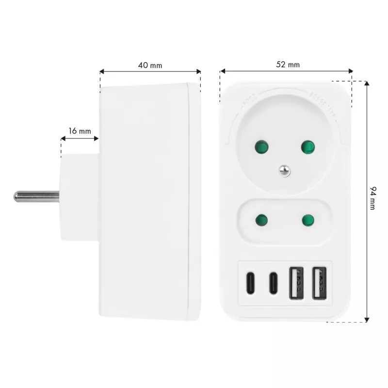 Regleta de enchufes MACLEAN MCE249 F/W – 2 tomas de corriente (16A + 6A) y 4 USB (2× A, 2× C PD 20W)