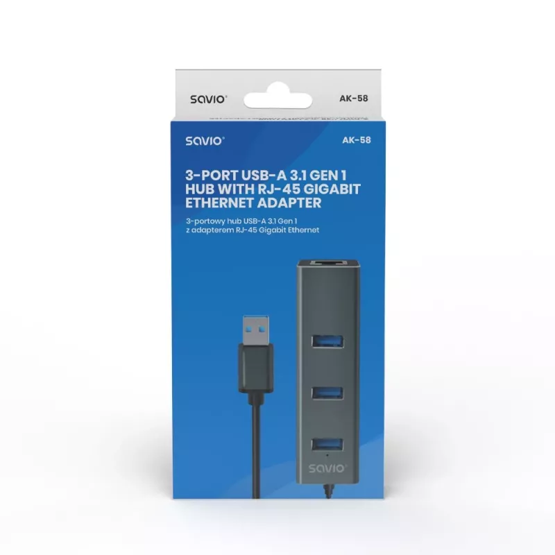 Hub USB-A SAVIO con RJ-45 Gigabit Ethernet AK-57 — 3× USB-A + RJ-45, host USB 3.2 Gen 1 Micro‑B, 5 Gbit/s, 4 puertos, gris
