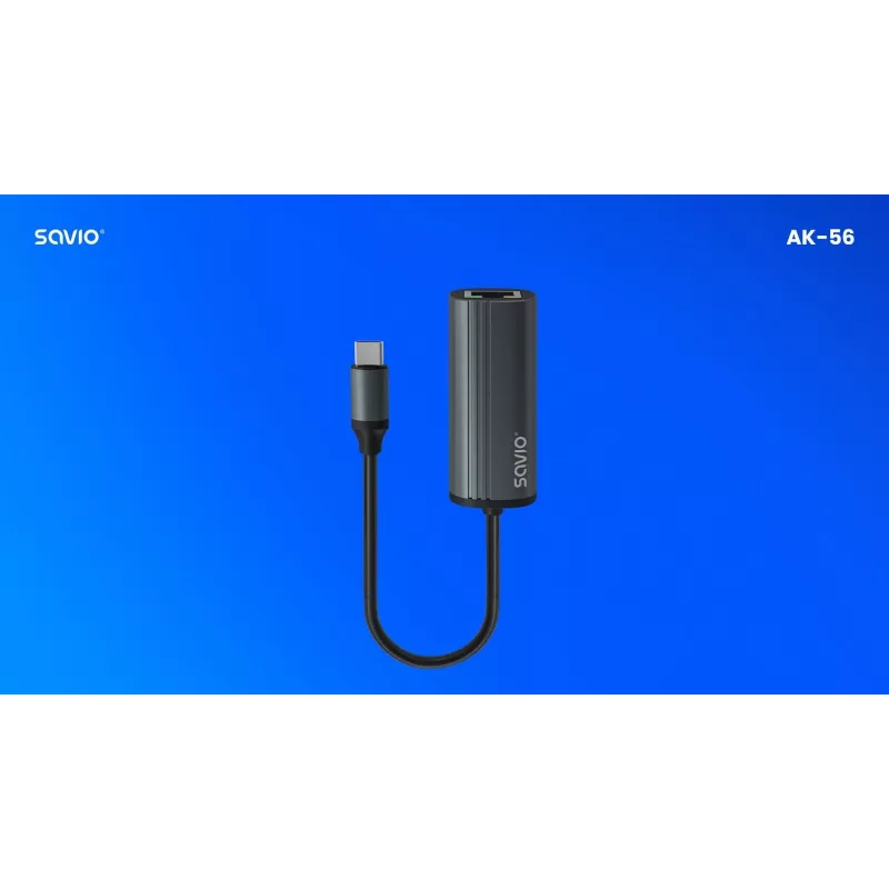 Adaptador SAVIO USB-C 3.1 Gen.1 (M) a RJ-45 Gigabit Ethernet (H), 1000 Mbps, AK-56, gris