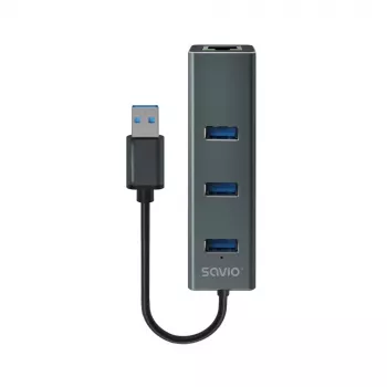 Hub USB-A SAVIO con RJ-45 Gigabit Ethernet AK-57 — 3× USB-A + RJ-45, host USB 3.2 Gen 1 Micro‑B, 5 Gbit/s, 4 puertos, gris