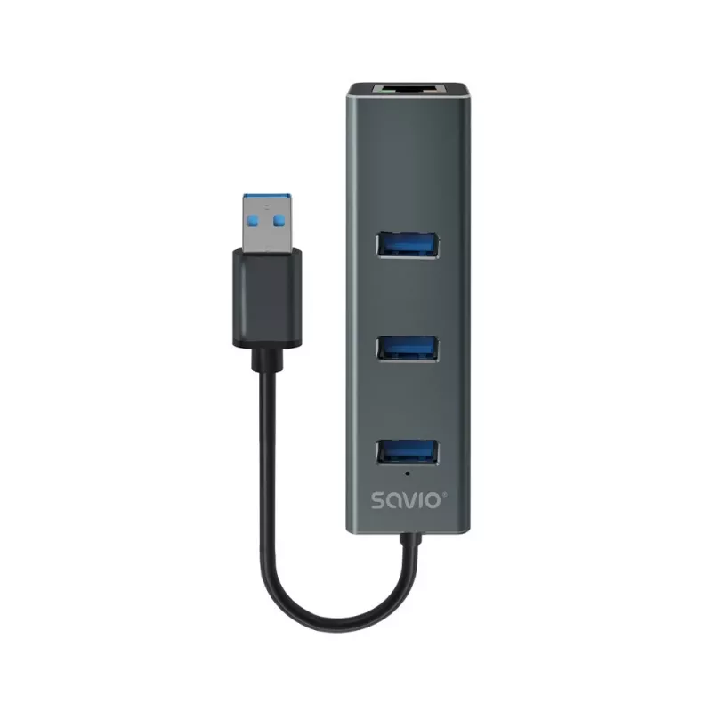 Hub USB-A SAVIO con RJ-45 Gigabit Ethernet AK-57 — 3× USB-A + RJ-45, host USB 3.2 Gen 1 Micro‑B, 5 Gbit/s, 4 puertos, gris