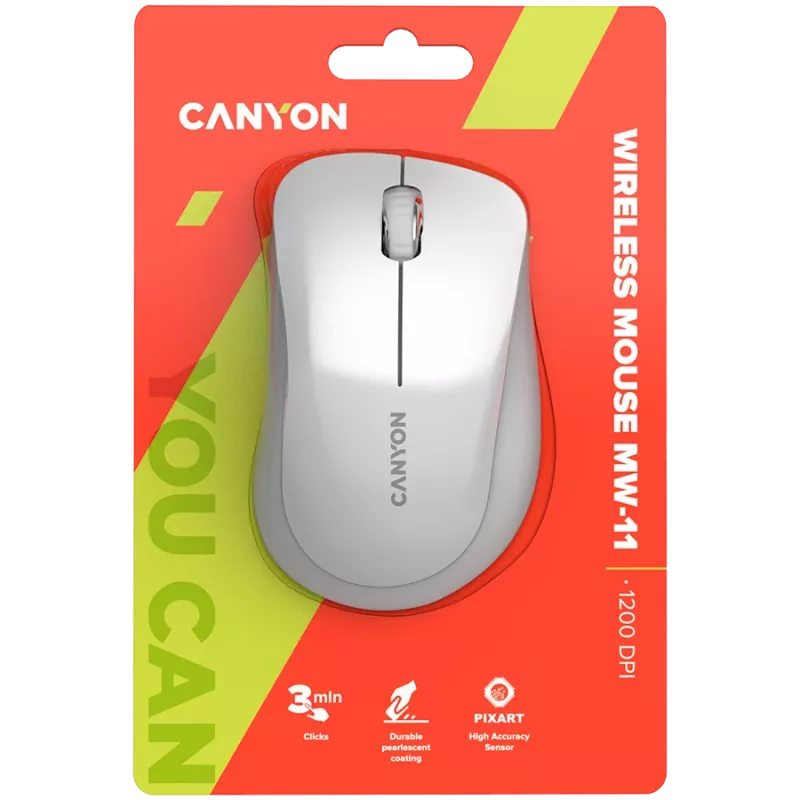 CANYON MW-11, ratón inalámbrico 2,4 GHz, con 3 botones, DPI 1200, pila: AAA*2 uds., blanco perla gris 67*109*38 mm 0,063 kg