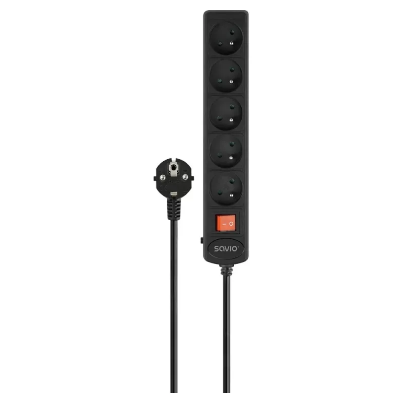 Regleta de enchufes SAVIO LZ-18 — cable de 5 m, 5 tomas con contacto de protección, interior, negra, 10 A, 50 Hz