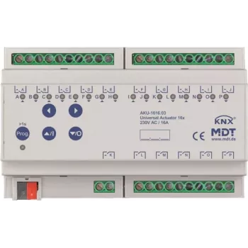 MDT AKU-1616.03 Actuador universal, 16 canales, 8TE REG, 16 A, 230 VAC, 100 µF, 15 EVG