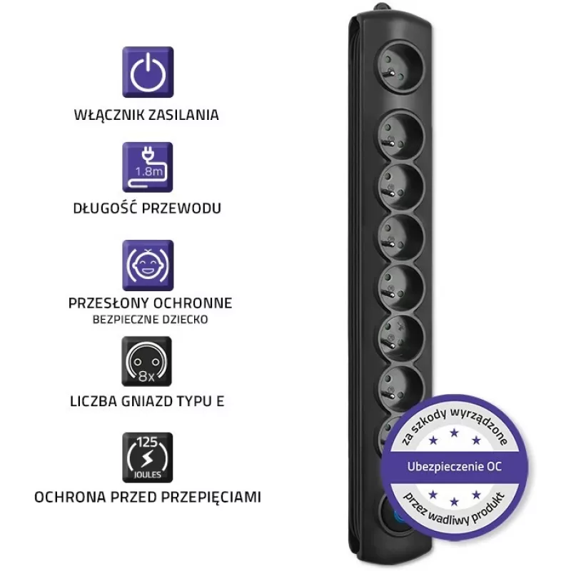 Protector de sobretensión Qoltec 50113 negro 8 salidas AC 230 V 1,8 m