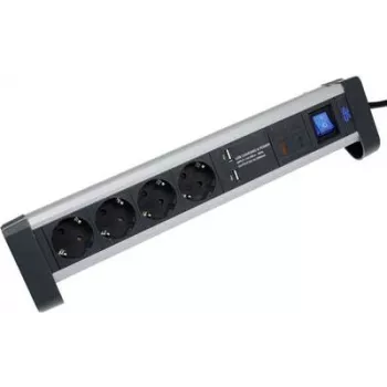Regleta de enchufes AS Schwabe 18361 con interruptor — negra/plateada, protección contra sobretensión para regletas múltiples