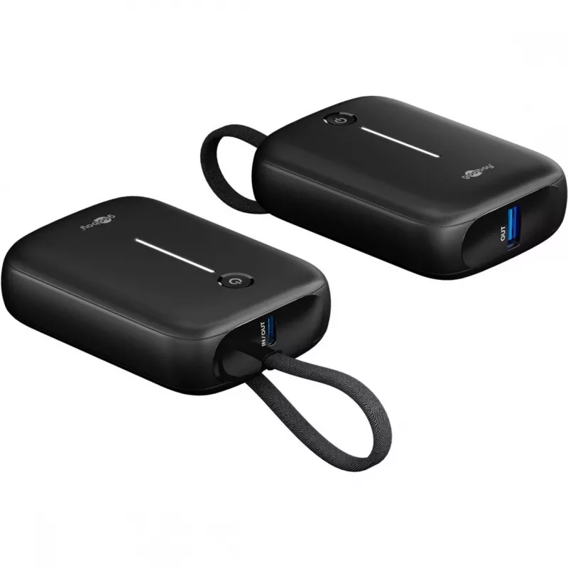 Batería externa portátil Goobay 10.000 mAh con cable USB-C integrado – 20 W compacta para llevar (76251)