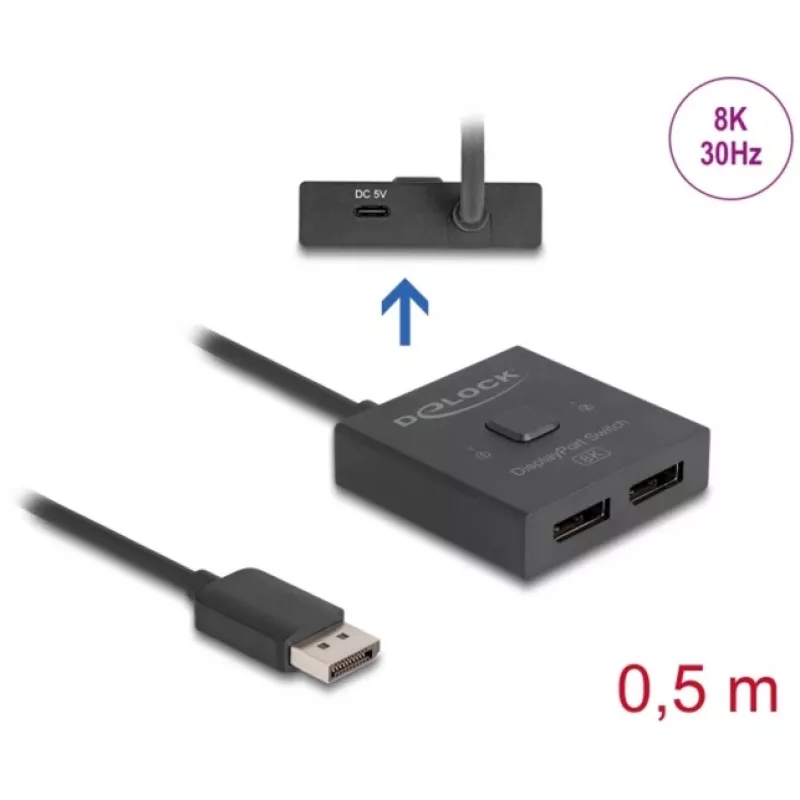 Delock - Distribuidor/conmutador de vídeo - 8K, bidireccional - 2 x DisplayPort - Sobremesa (18906)