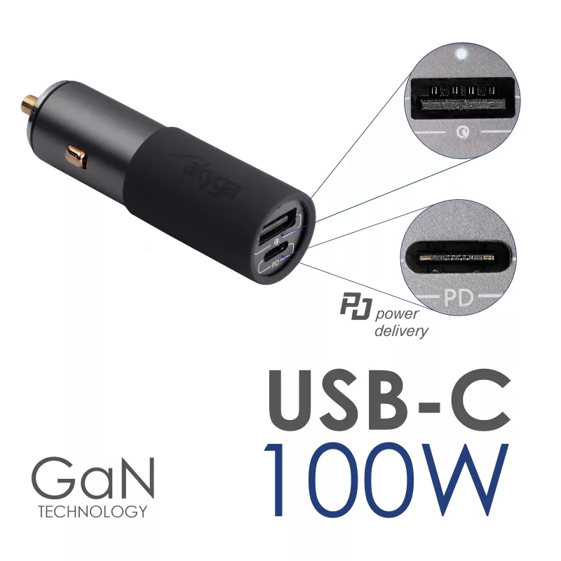 Akyga AK-CH-26 Cargador GaN para coche 12/24 V, 100 W, USB-C PD 3.0 + USB-A QC 3.0, gris