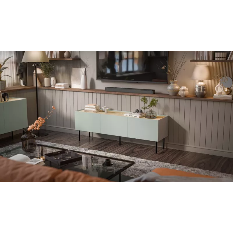 Mueble TV Cama FELLINI 150x40x52 verde oliva + tablero de roble aceitado