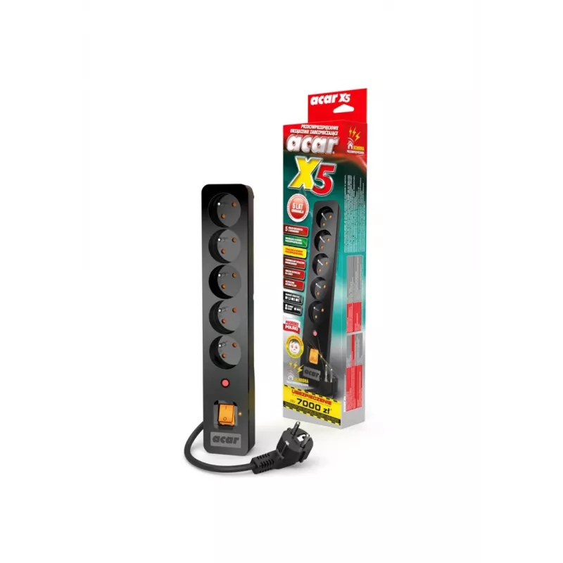 Acar X5 protector contra sobretensiones, 5 tomas, 3 m, interruptor, negro