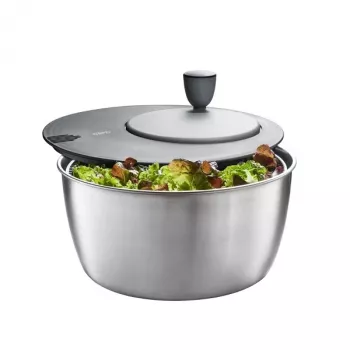 Centrifugadora de ensaladas GEFU Rotare acero inoxidable, accionamiento por manivela, 3 L, carcasa de acero inoxidable, redonda