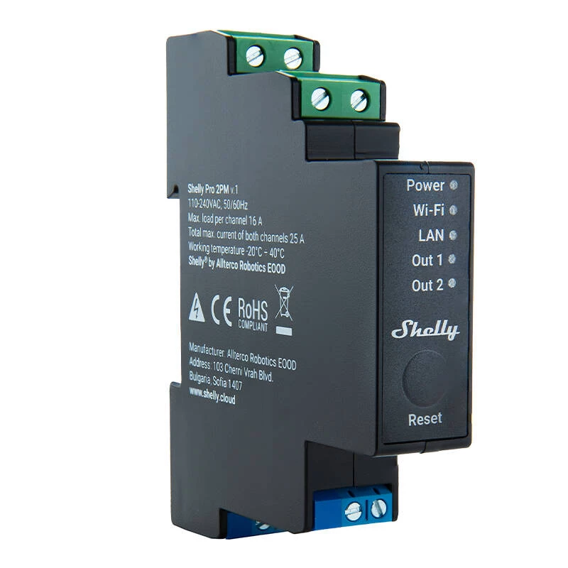 Pro 2PM, 25A, Wi-Fi, LAN y Bluetooth relé inteligente de 2 canales con medición de energía, domótica