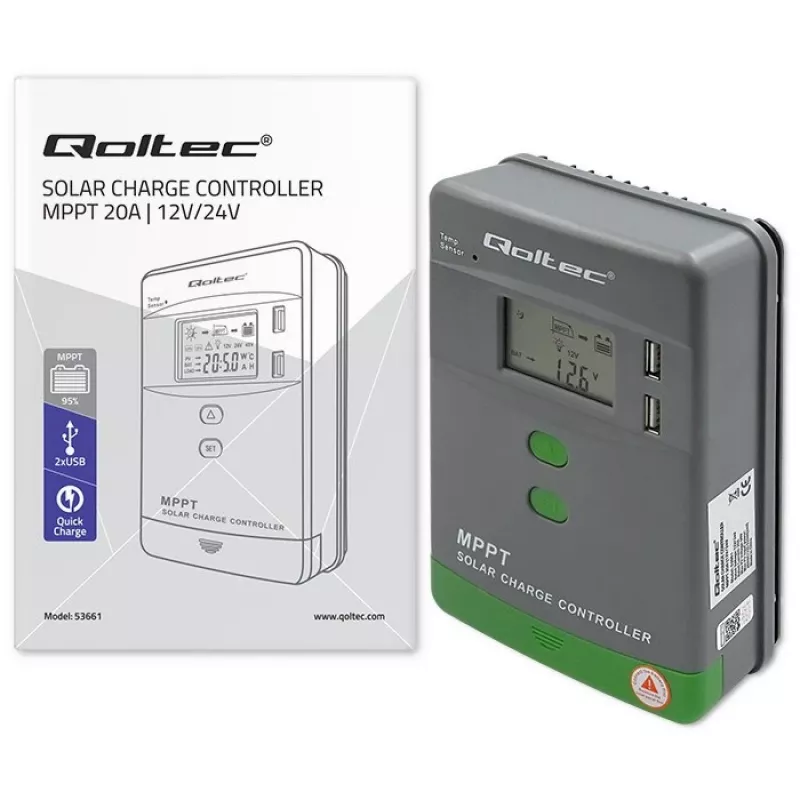 Qoltec, Regulador de carga solar MPPT con sensor de temperatura 20A 12V/24V Pantalla LCD 2 X USB