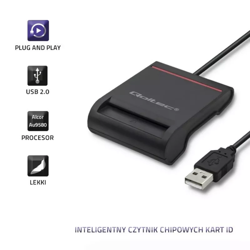 Lector de tarjetas ID QOLTEC Smart-Chip — USB, negro, 84,5×65×16 mm, 63 g