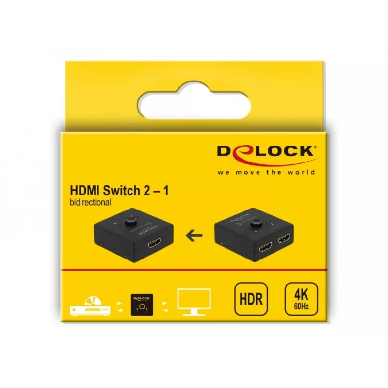 DeLock HDMI 2-1 bidireccional 4K 60 Hz compacto - Retail Box - Conmutador de vídeo/audio - 2 x HDMI - sobremesa (64072)