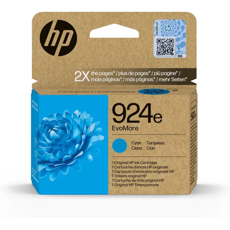 HP 924e EvoMore cartucho de tinta original cian, rendimiento alto (XL), cian, 1 unidad, 800 páginas, pack individual