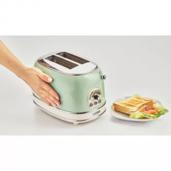 Tostadora Ariete 155 Design de 2 ranuras con cestillos para sándwich, 6 niveles de tostado, 810 W, carcasa de acero inoxidable, bandeja recogemigas extraíble, verde pastel
