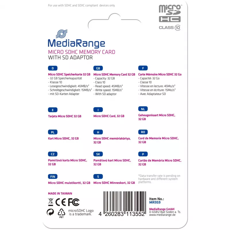 Memoria Micro SDHC 32GB C10 con adaptador MR959 MEDIARANGE