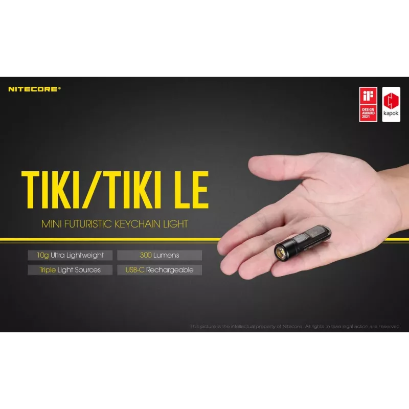 Linterna de mano Nitecore TIKI LE — 300 lm, recargable por USB, policarbonato, IP66, resistente a impactos, 10,5 g, 55 mm, negra