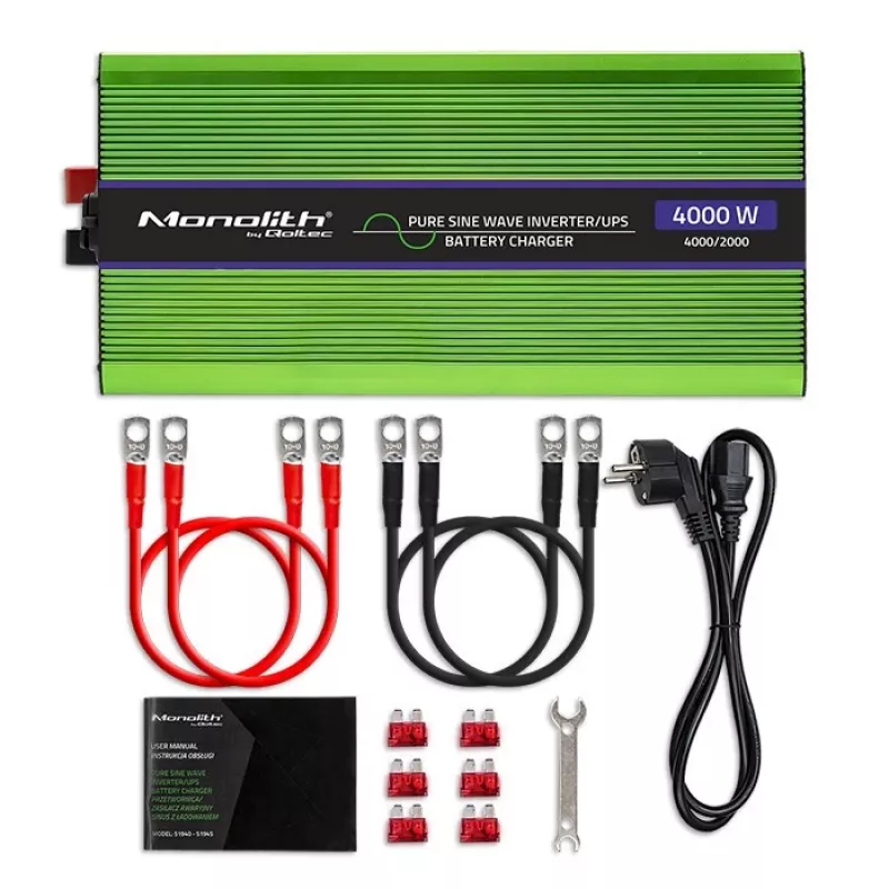 Qoltec Monolith Convertidor de tensión | Carga de batería | SAI | 2000W | 4000W | 12V a 230V | Onda senoidal pura | LCD negro-verde