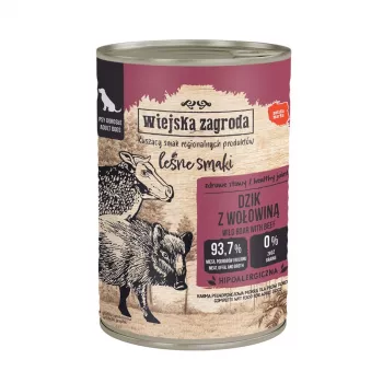 Comida húmeda wiejskazagroda jabalí con ternera 400 g, alimento completo para perros adultos, 76% humedad