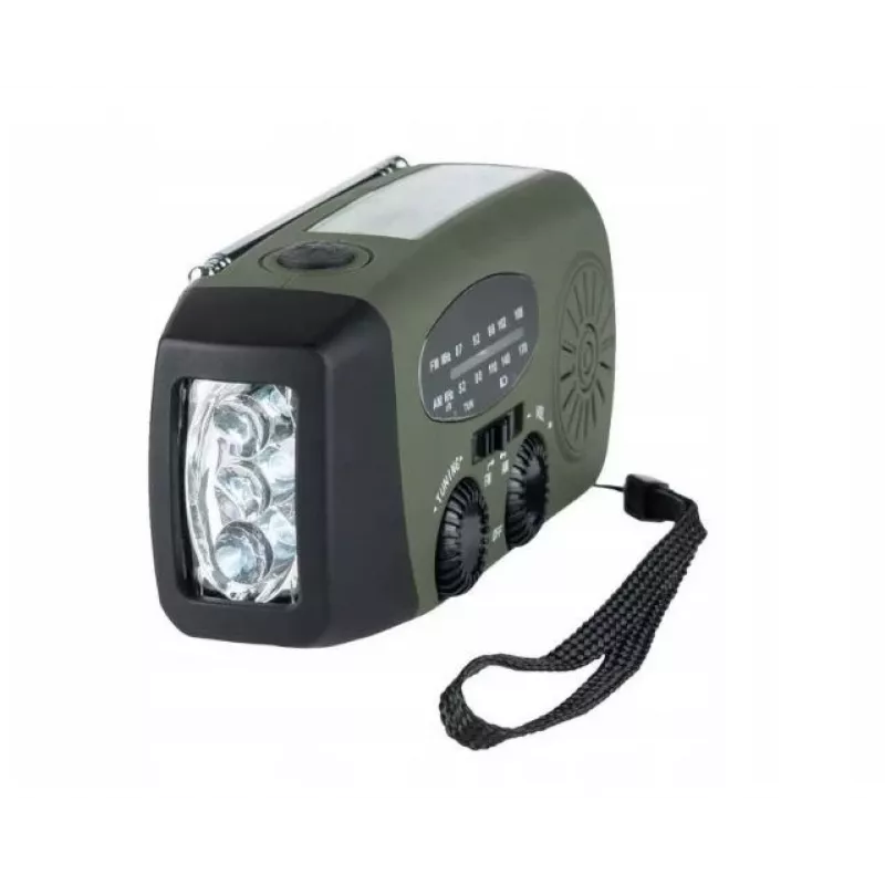 Radio de emergencia FOSCO 464600 con linterna LED, powerbank, FM, IPX3, carga solar/manivela/USB-C — verde/negro