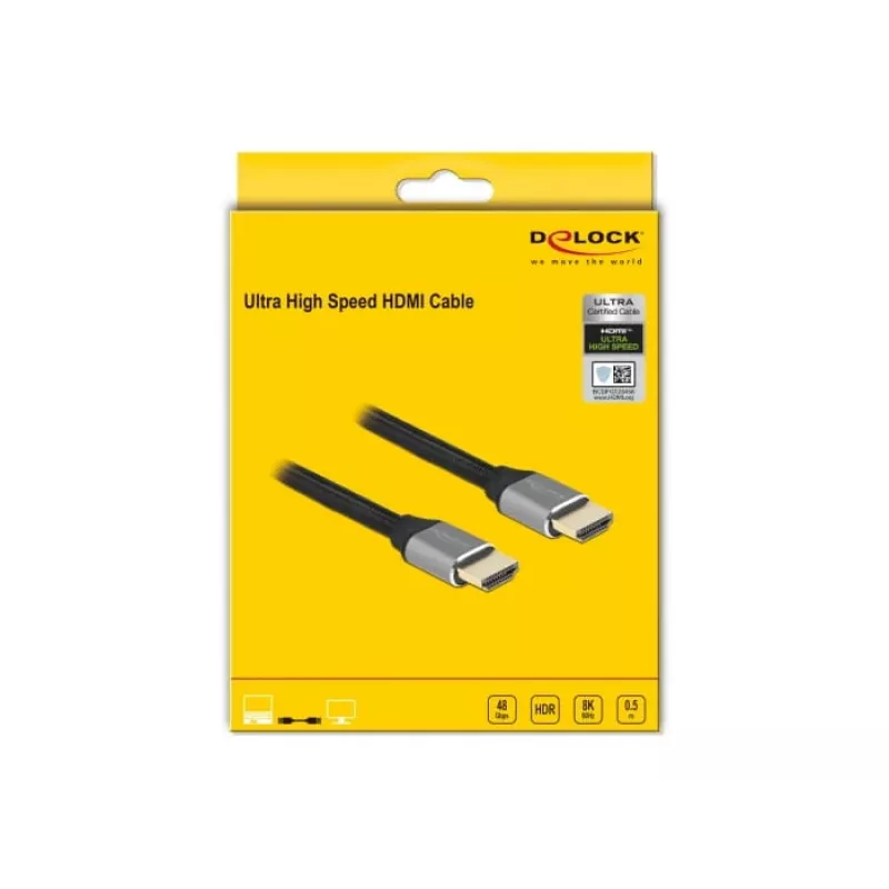 Delock - Cable HDMI Ultra High Speed - HDMI macho a HDMI macho - 50 cm - Triple aislamiento - Gris - Contactos con baño de oro, compatible con 8K 6