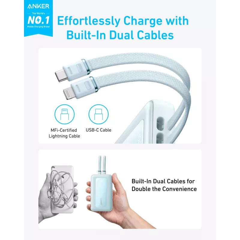 Batería externa Anker con cable USB-C y Lightning integrados | A1680031 | 10000 mAh | 30W | Azul