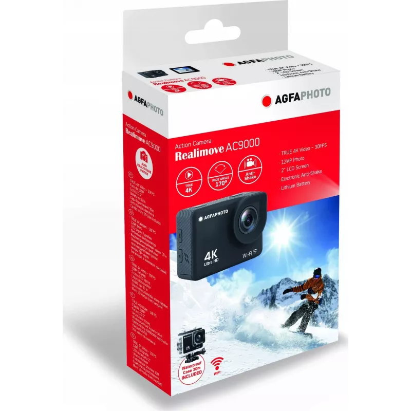 Action Cam AgfaPhoto 4K, sumergible, Wi-Fi, cámara lenta/time-lapse (AC9000BK)