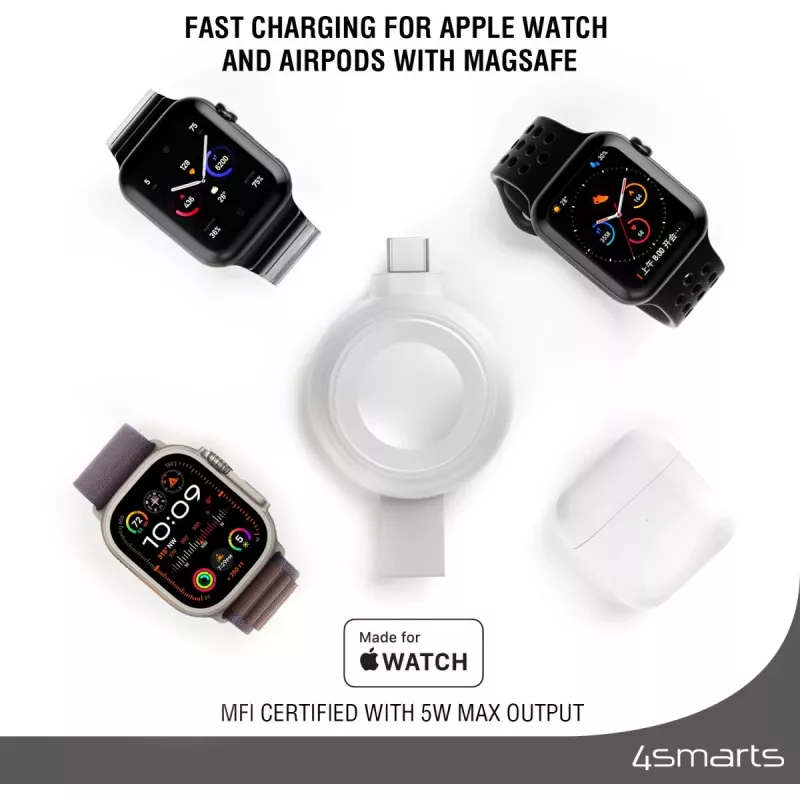 Cargador 4smarts QI2 smartwatch plateado USB carga rápida inalámbrica