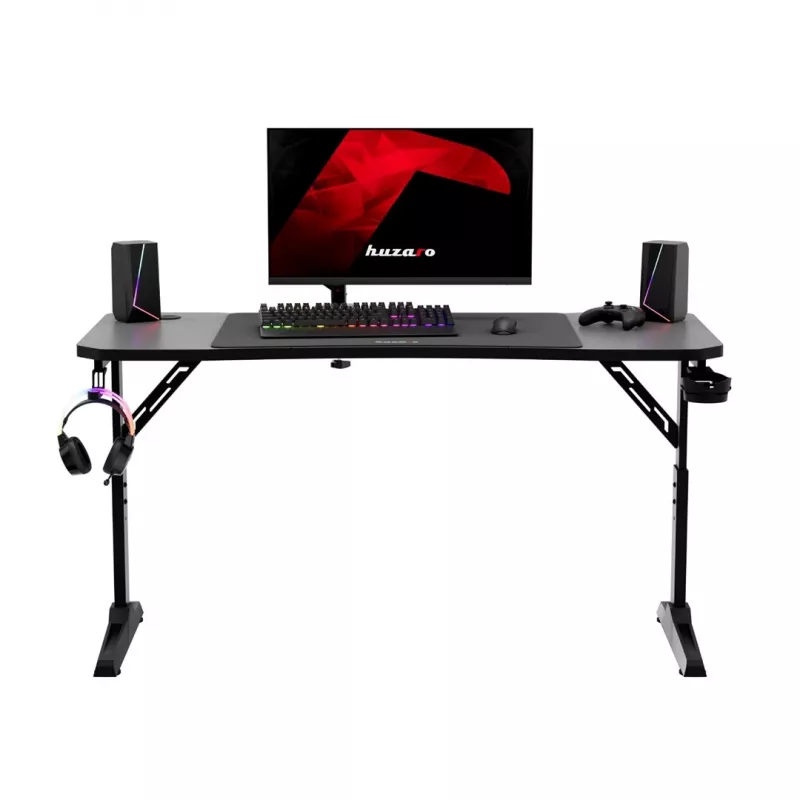 Escritorio gaming huzaro Hero 3.6 — rectangular 1400×600 mm, altura ajustable 560–790 mm, negro, patas en H, tablero de 15 mm
