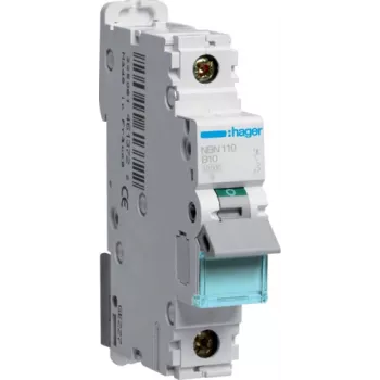 Hager NBN110. Corriente nominal: 10 A. Tipo: curva B, número de módulos (máx.): 1 módulo(s). Ancho: 17,5 mm, profundidad: 70 mm, altura: 83 mm (NBN110)
