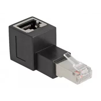 Adaptador DeLOCK conector macho RJ45 a conector hembra RJ45 Cat.6A acodado 90° (hacia arriba) negro
