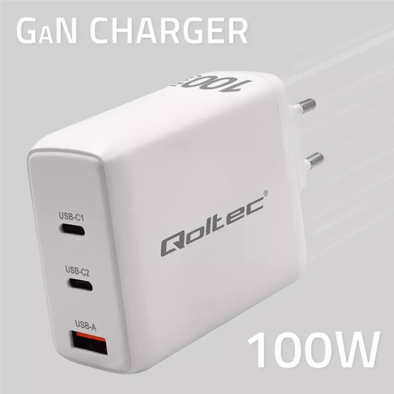 Cargador QOLTEC 100W GaN USB-C Dual PD 5–20V 1,5–5A, 2×USB-C