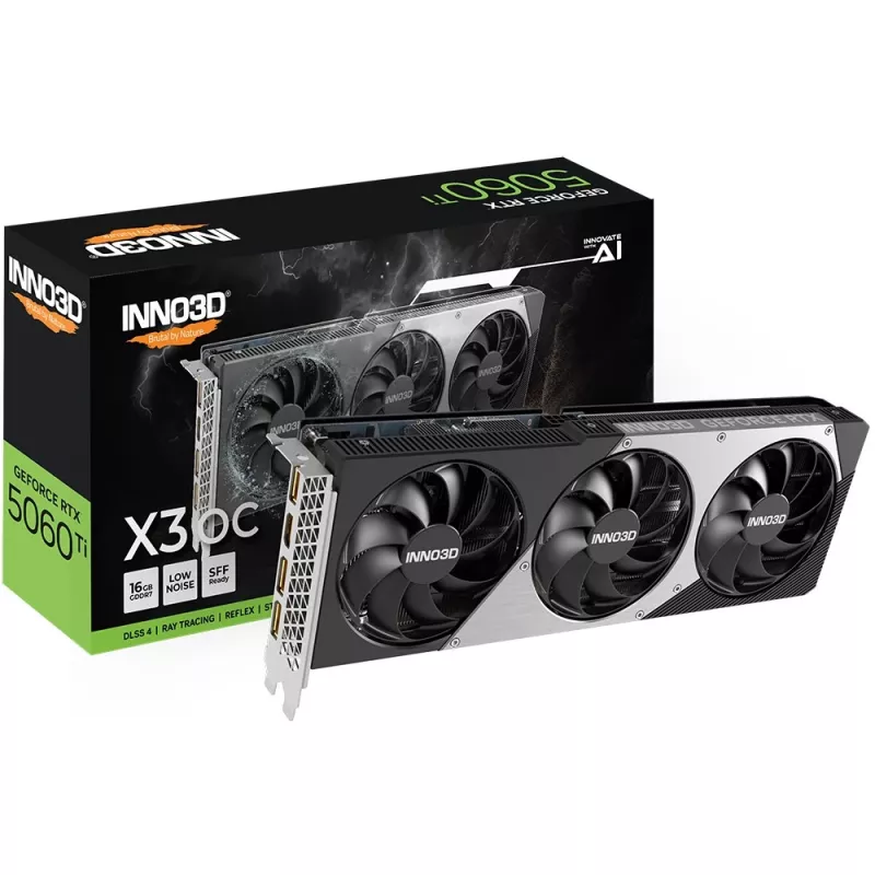 Tarjeta gráfica Inno3D GeForce RTX 5060 Ti — 16 GB GDDR7, PCIe 5.0, 128 bits, 3x DP 2.1b + HDMI 2.1b