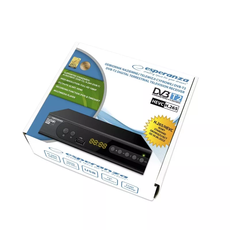 Receptor de sobremesa ESPERANZA EV106R Sintonizador por cable DVB-T2 / DVB-C HEVC H.265, HDMI, USB, PVR, Dolby Digital, 174–790 MHz, negro