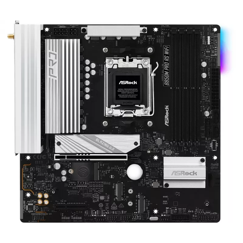 Placa base ASRock B850M Pro RS WiFi — AMD B850, socket AM5, microATX, DDR5, 4 DIMM, 256GB, Wi-Fi 6E, 2.5Gb LAN, 3x M.2
