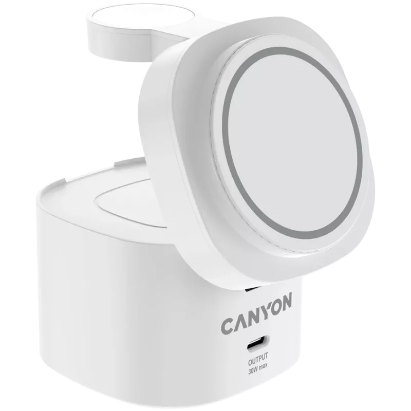Estación de carga inalámbrica 4 en 1 Canyon, máx. 30 W, tamaño: 70x70x70,3 mm, peso: 414 g, con fuente de alimentación de 65 W y cable de 1 m, blanca