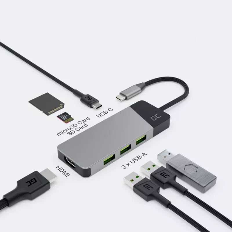 Hub USB Type-C Green Cell HUBGC01 — 7 conexiones: 3×USB‑A 3.2 Gen 1, 1×USB‑C 3.2 Gen 1, HDMI, lector de tarjetas microSD+SD — Plata