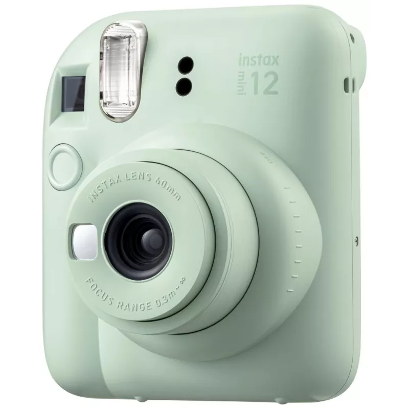Cámara instantánea Fujifilm Instax Mini 12 Verde — imagen 86x54 mm, película 62x46 mm, distancia focal equivalente 60 mm
