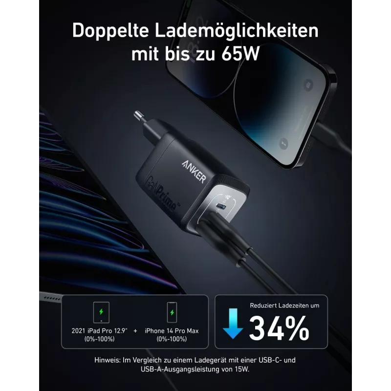 Cargador rápido USB de interior Anker Prime A2669313 – 67 W, 1×USB-A, 2×USB-C, negro