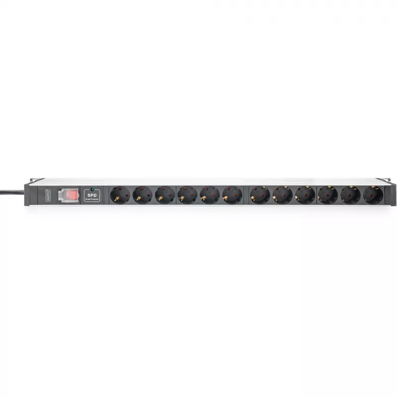 Regleta de enchufes Digitus de 12 tomas Schuko perfil de aluminio protección contra sobretensiones 2 m de cable