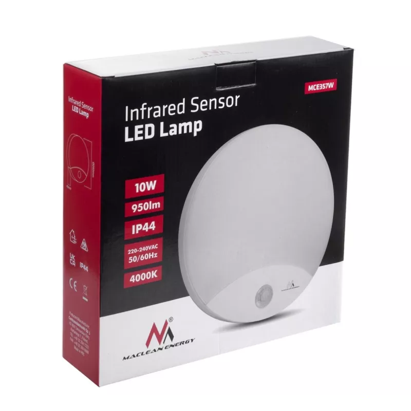 Lámpara LED de pared MACLEAN MCE357W con sensor de movimiento IR, blanca, para exterior e interior