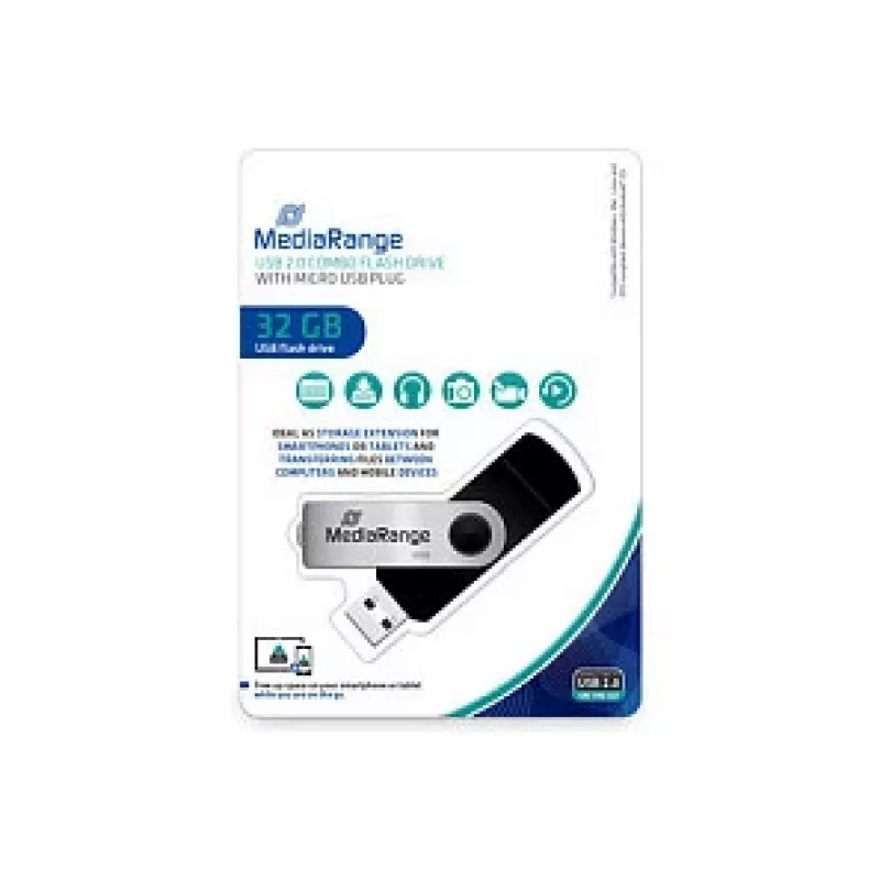 MediaRange MR932 - Unidad flash USB - 32 GB - USB 2.0 / Micro-USB - Negro/Plata (MR932-2)