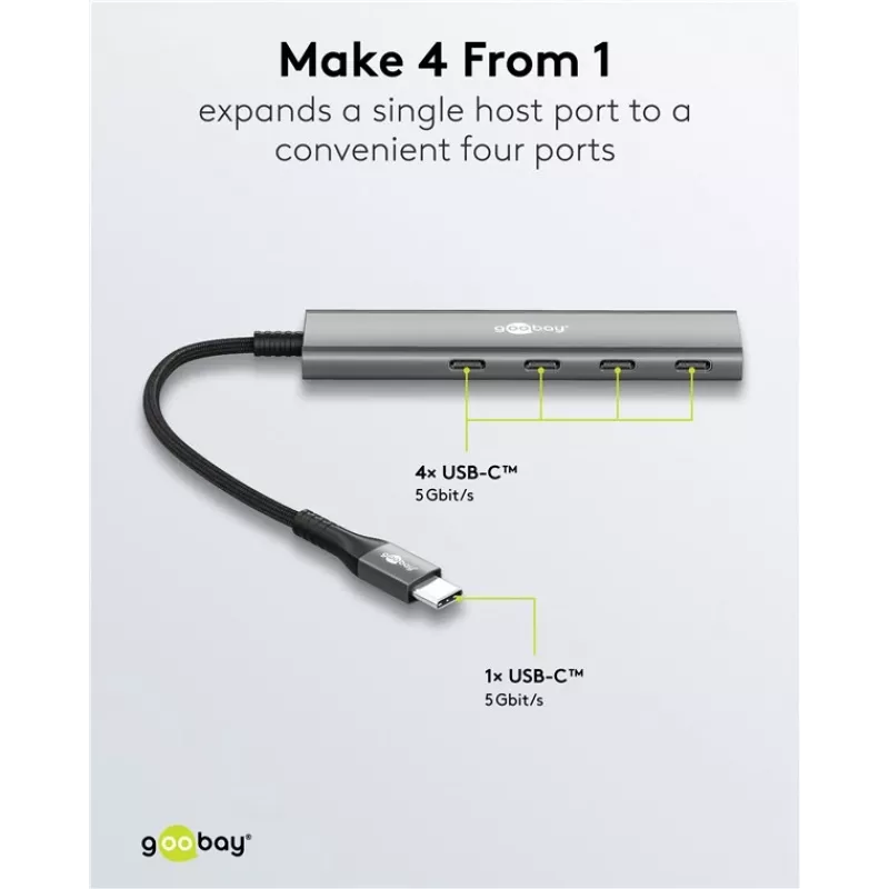 Goobay hub USB slim de 4 puertos USB-C a 5 Gbit/s - conector macho> 4x conector hembra (76564)