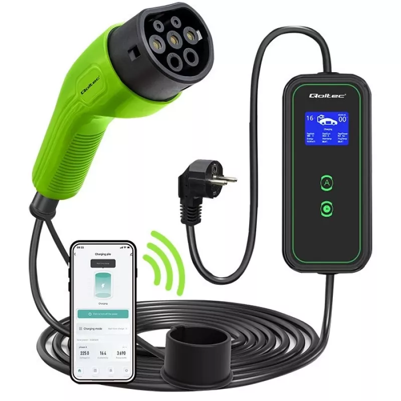 Cargador de coche EV móvil Qoltec ajustable 2en1 Type2 | 3.5kW | 230V | Wi-Fi | LCD | portátil | wallbox | 5m